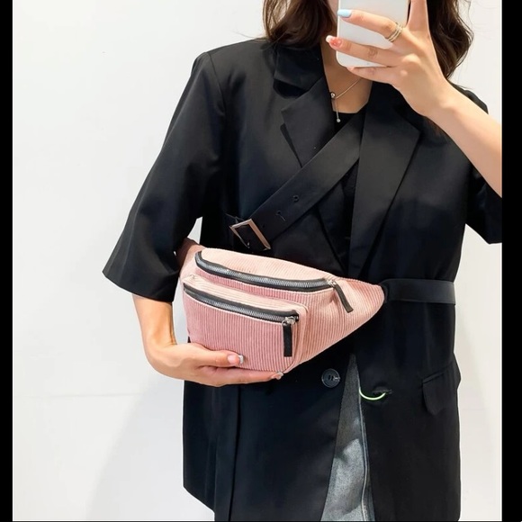 💙 Women's Pink Double Zip Front Pockets Corduroy Adjustable Strap Fanny Pack - Picture 2 of 8